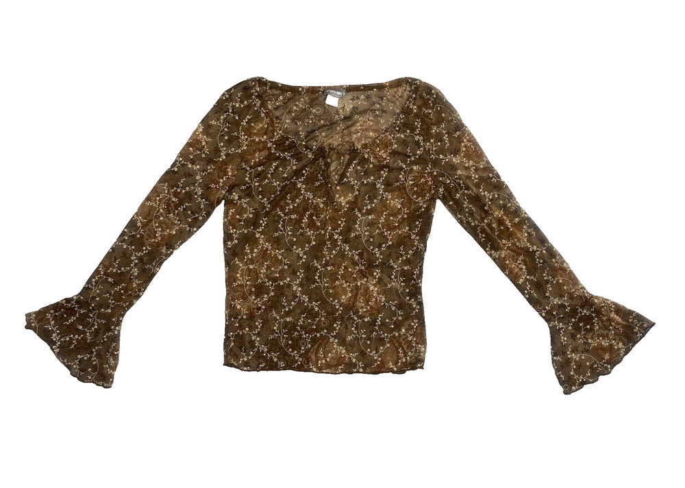 RAVE Blouse Womens Medium Brown Floral Mesh Y2K VNTG Peasant Bell Sleeve Shirt